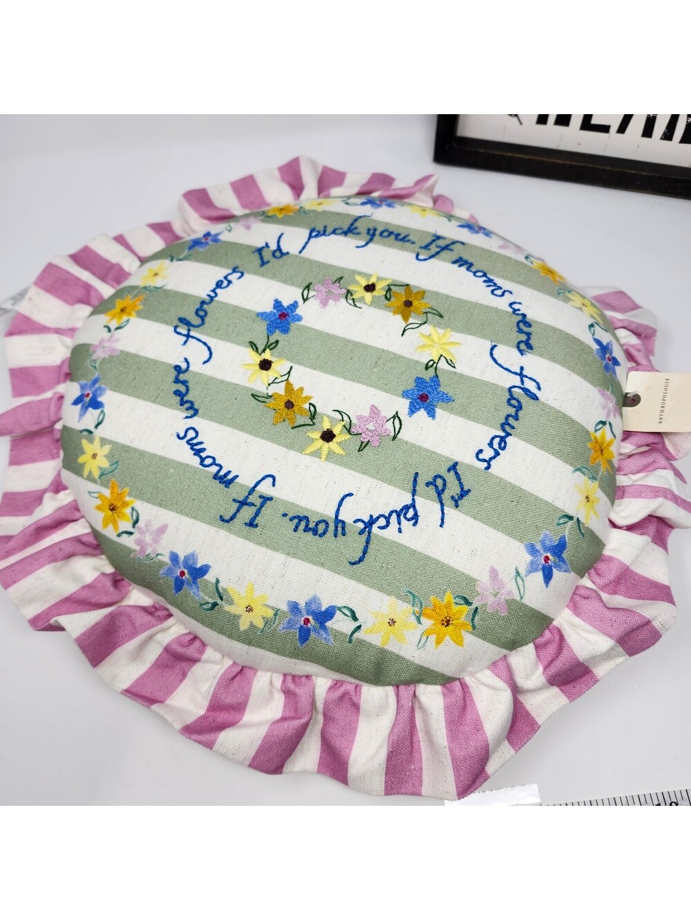 Anthropologie Embroidered Floral Round Throw Pillow Green Pink Stripe Ruffle NWT